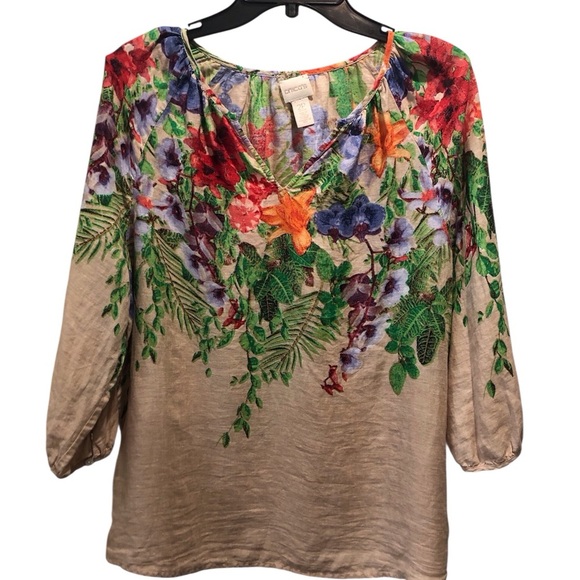 Chico's Size 2 Petite Large Tropical Floral Linen Multicolor Women's Blouse - Picture 1 of 3